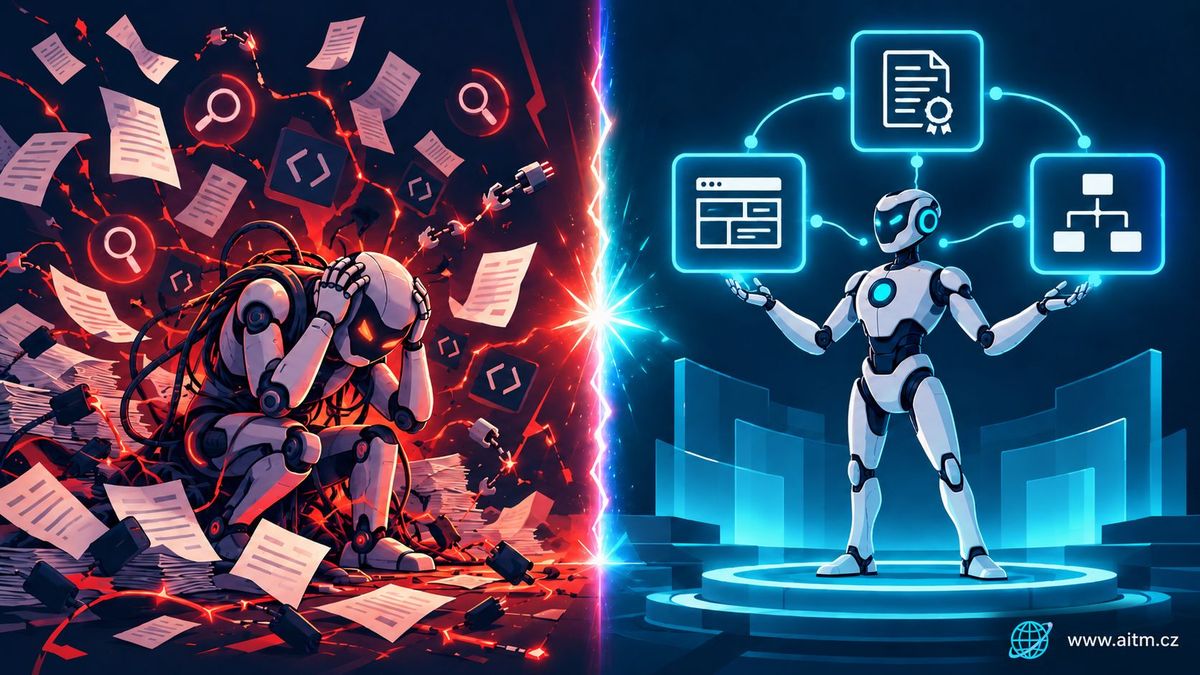 Ilustrace srovnávající chaotické úpravy kódu AI se strukturovaným přístupem AITM