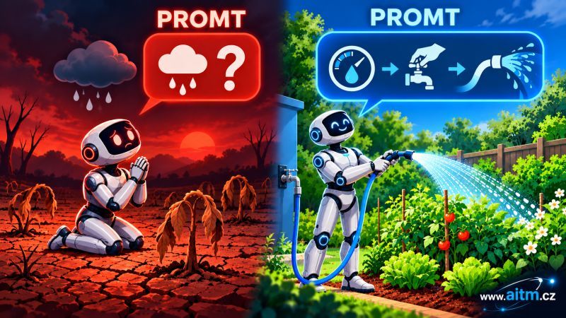 Illustration contrasting a vague prompt with a precise, well-structured prompt