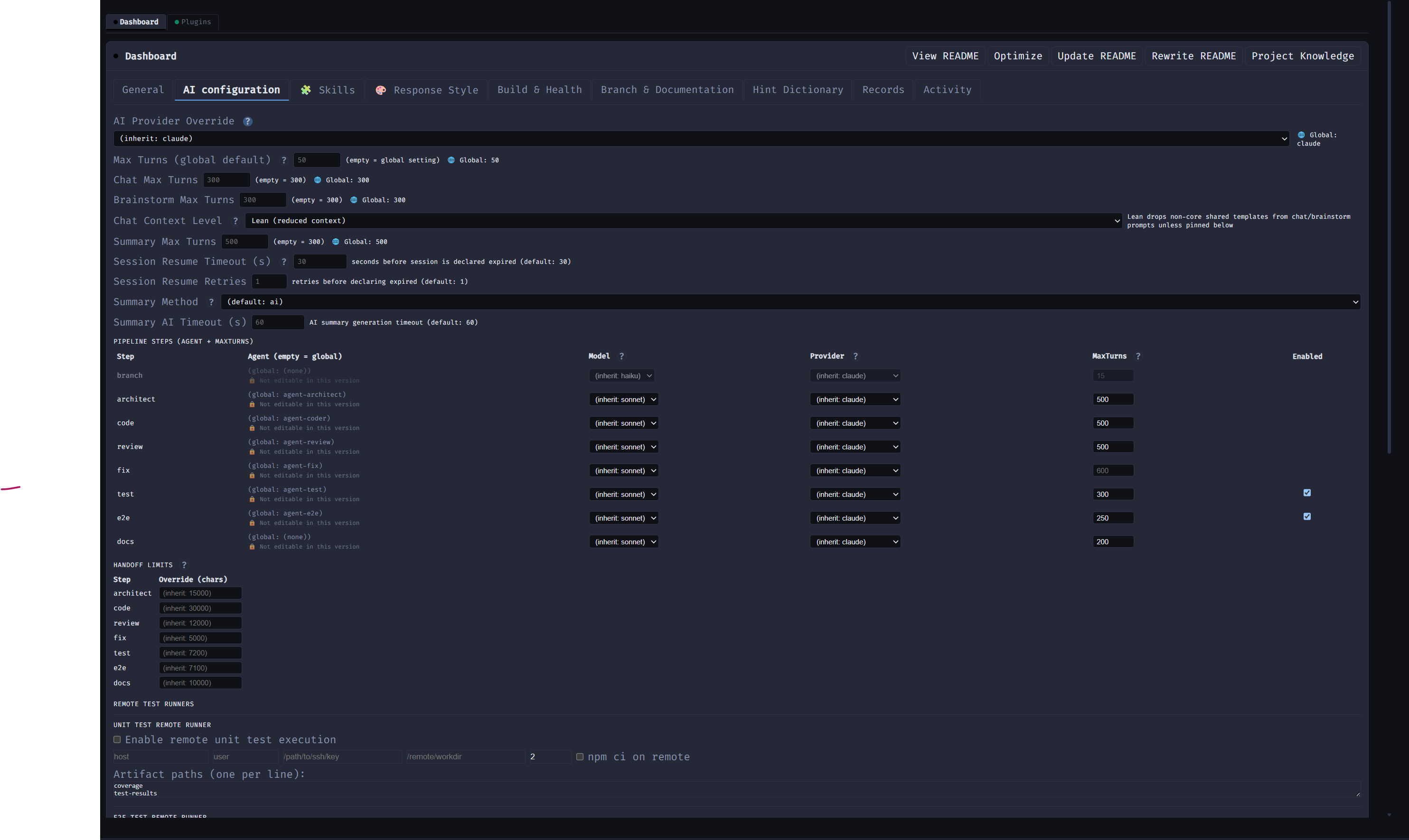 Project settings, AI configuration